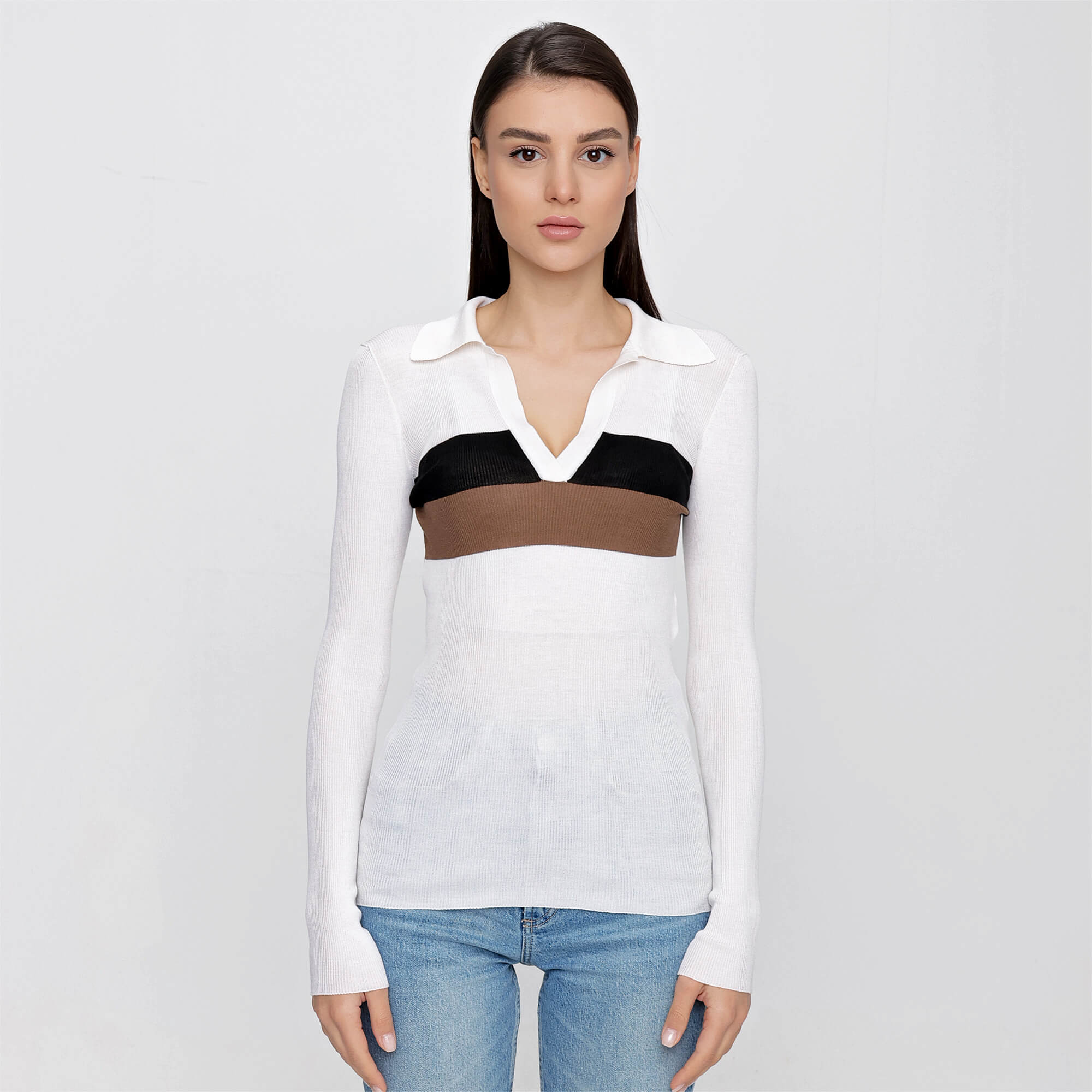 FENDI - White Collared Knit Black Striped Silk Sweater